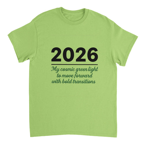 Green t-shirt with '2026' text and motivational quote on a white background