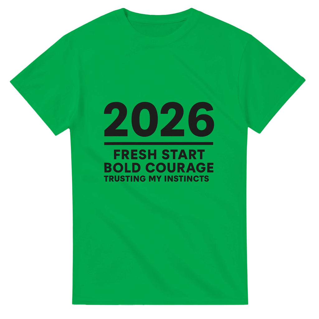 Green t-shirt with black text on a white background