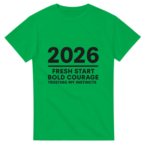 Green t-shirt with black text on a white background