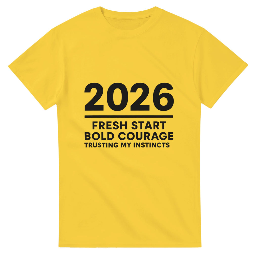 Yellow t-shirt with black text on a white background