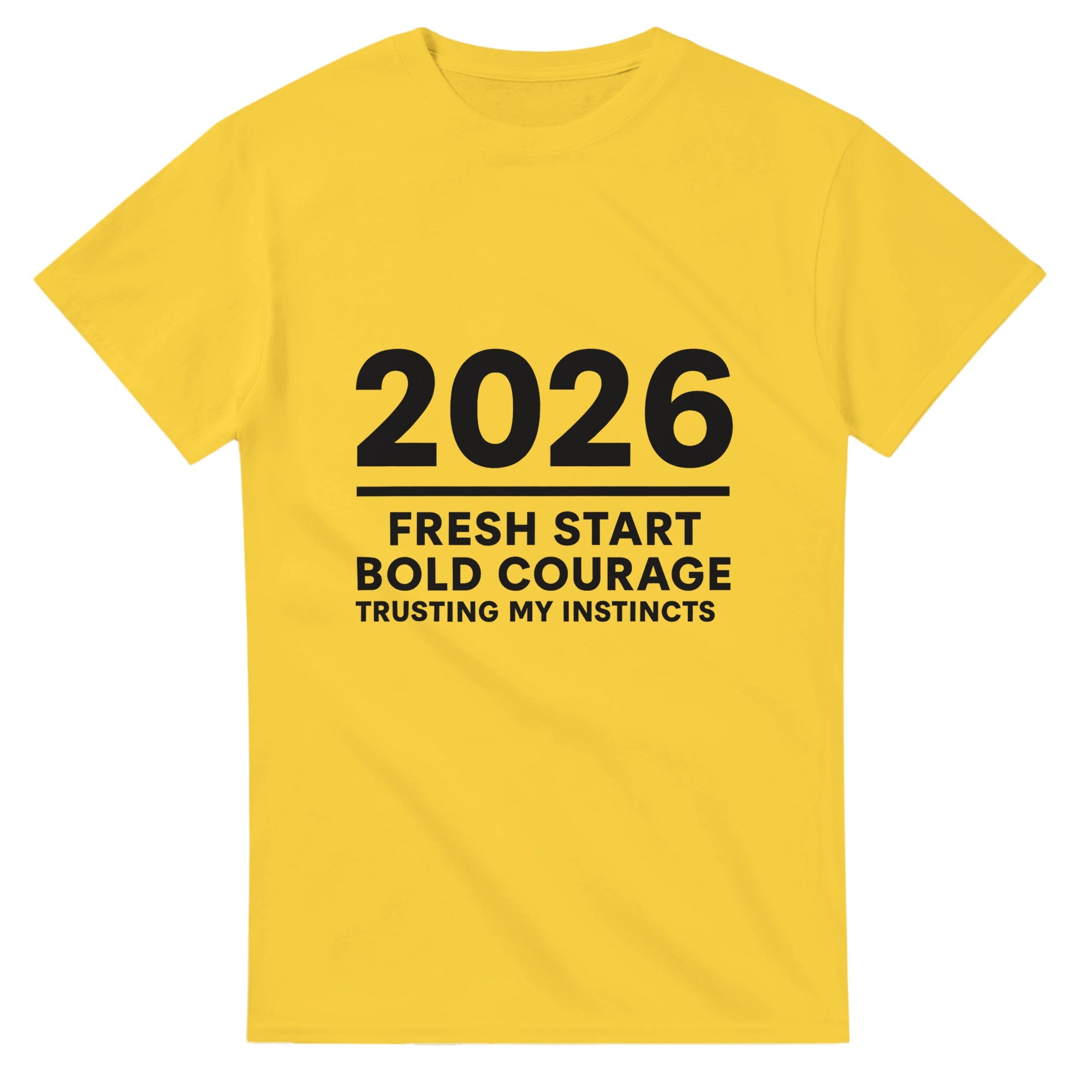 Yellow t-shirt with black text on a white background
