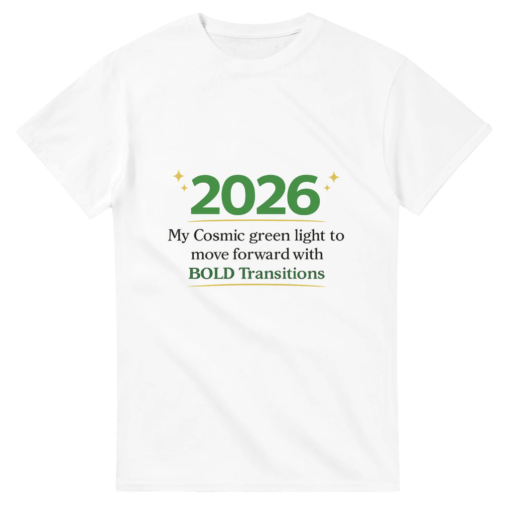 White t-shirt with green and black text on a white background