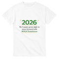 White t-shirt with green and black text on a white background
