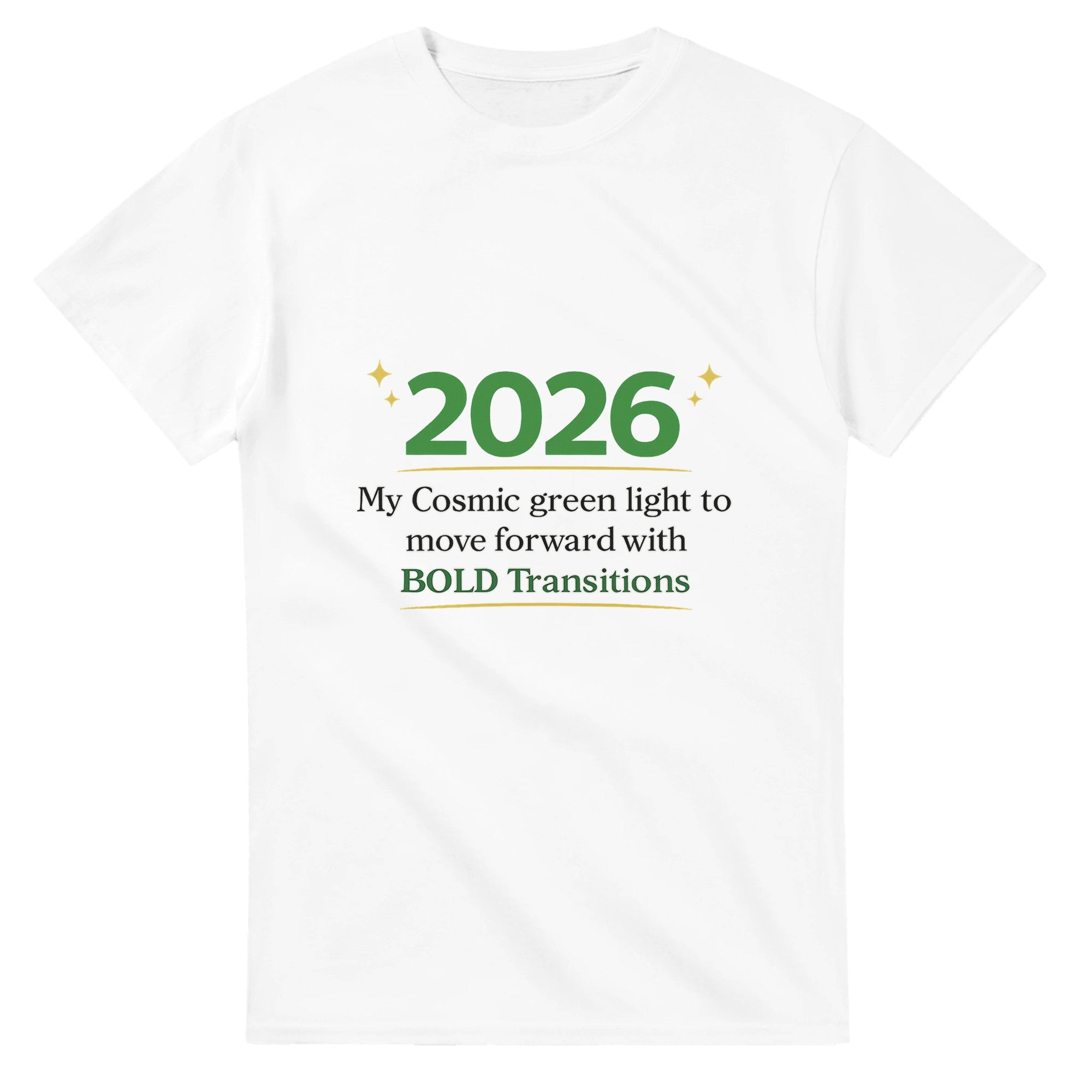 White t-shirt with green and black text on a white background