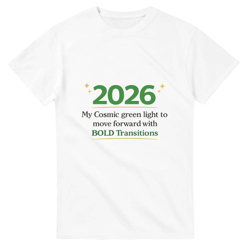 White t-shirt with green and black text on a white background