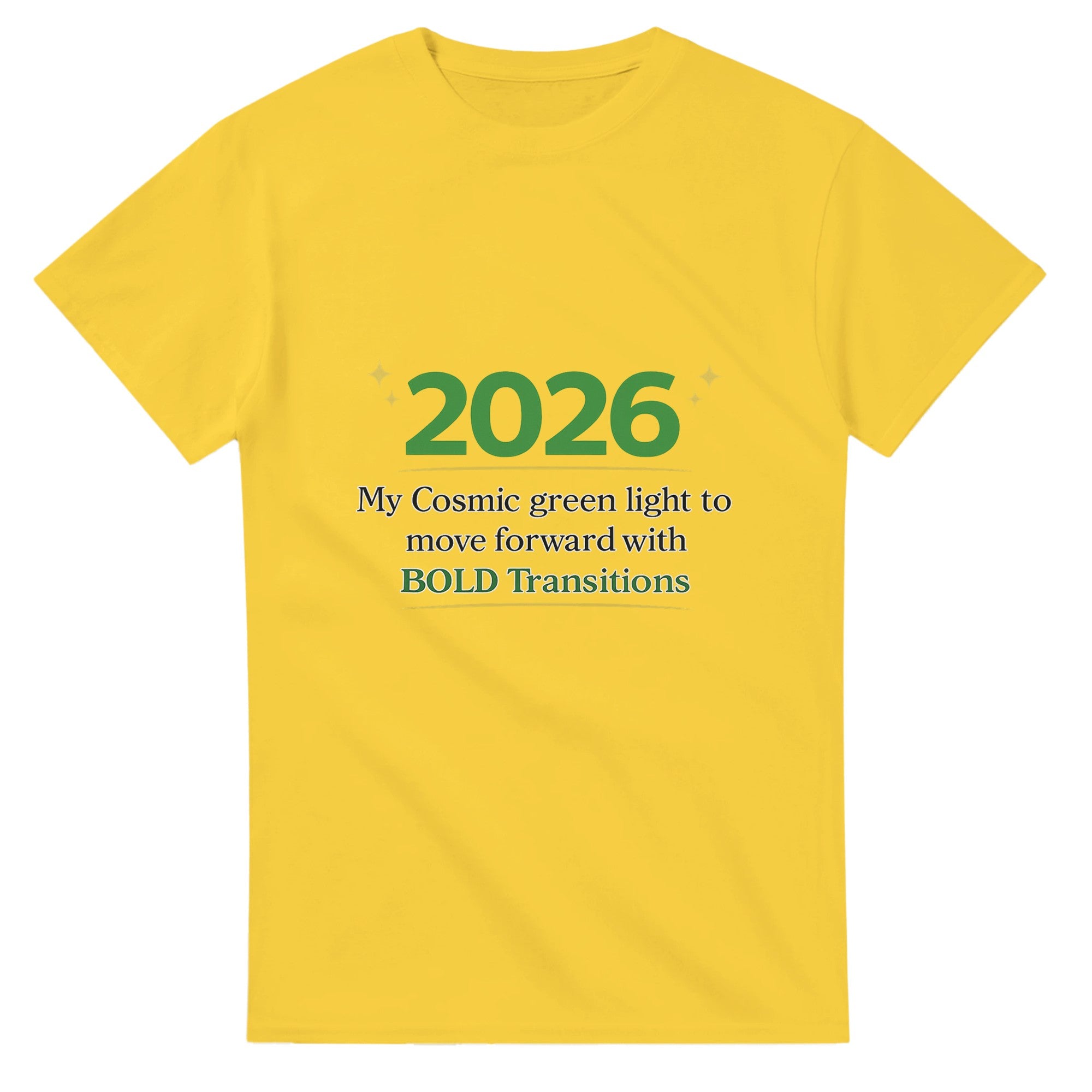 Yellow t-shirt with green and black text on a white background