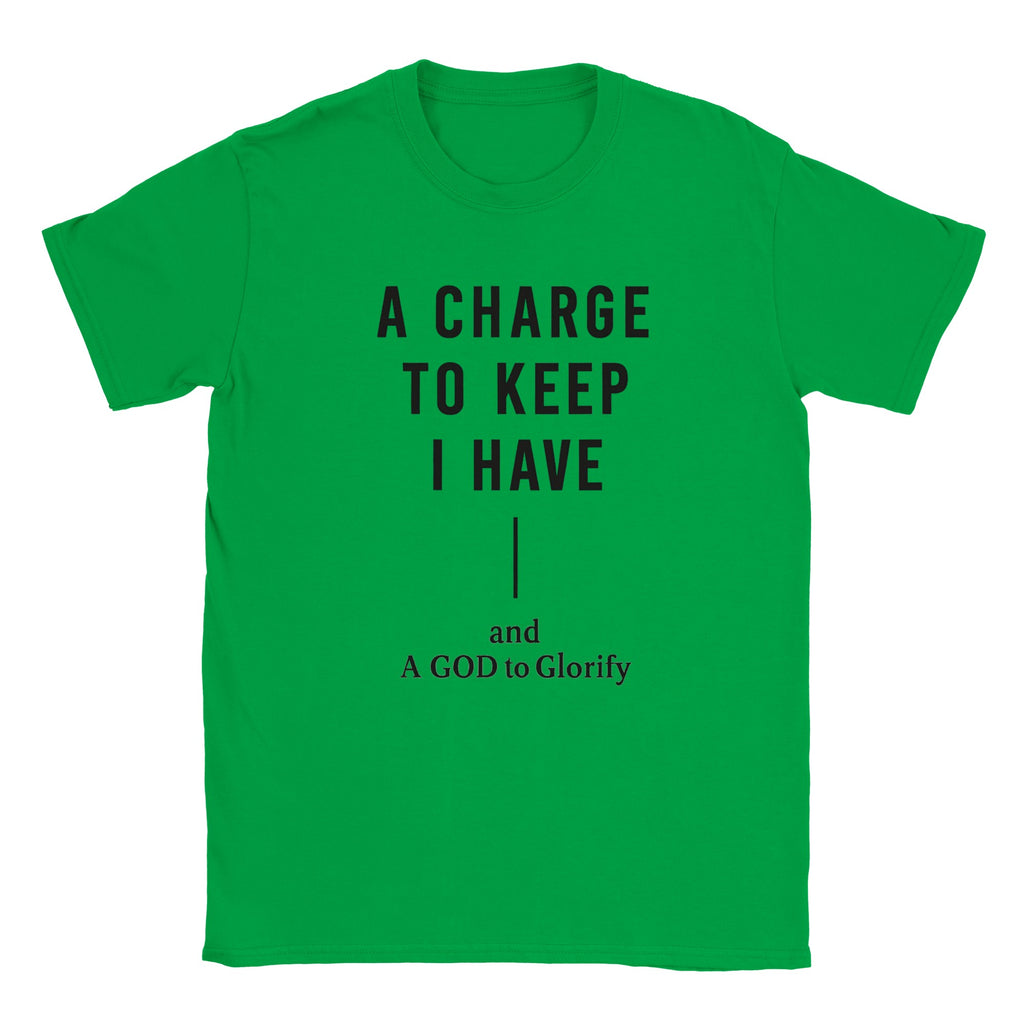 Green t-shirt with black text on a white background