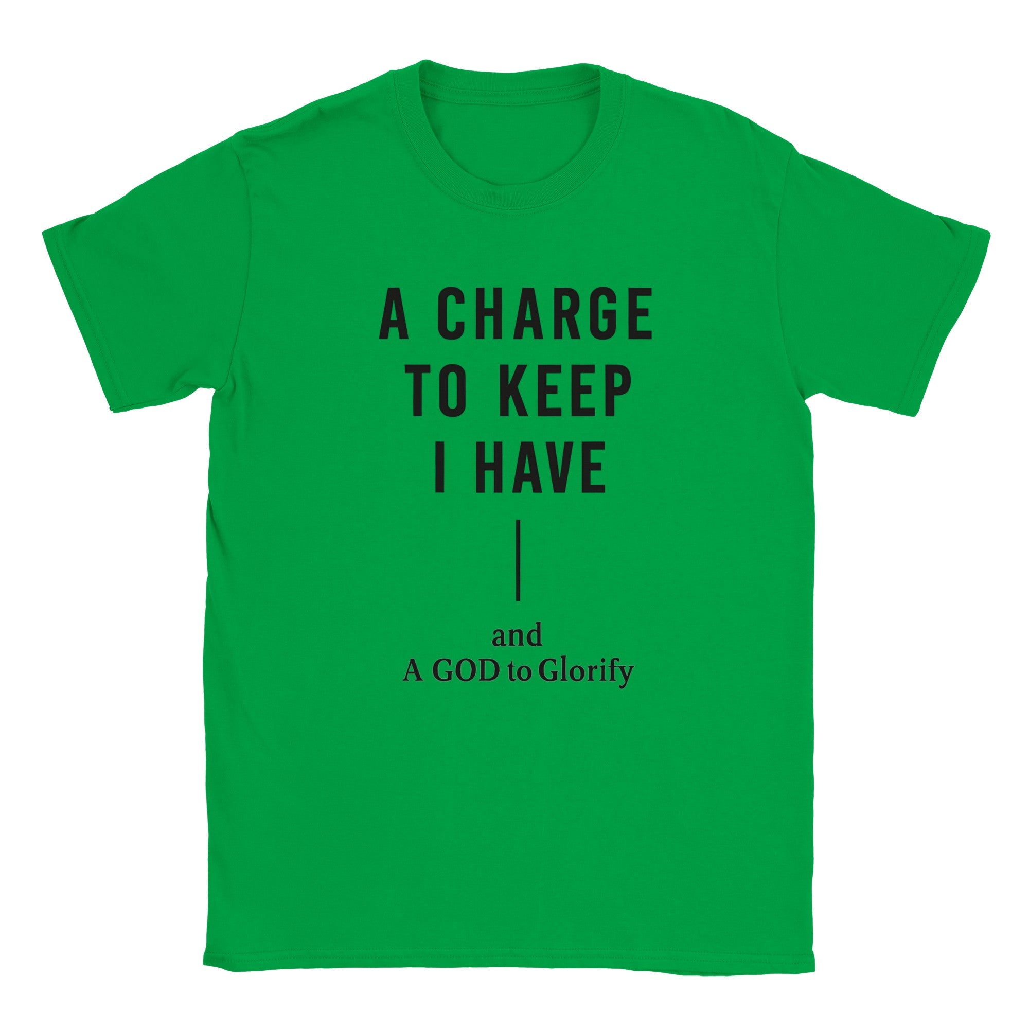 Green t-shirt with black text on a white background