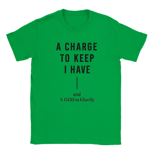 Green t-shirt with black text on a white background