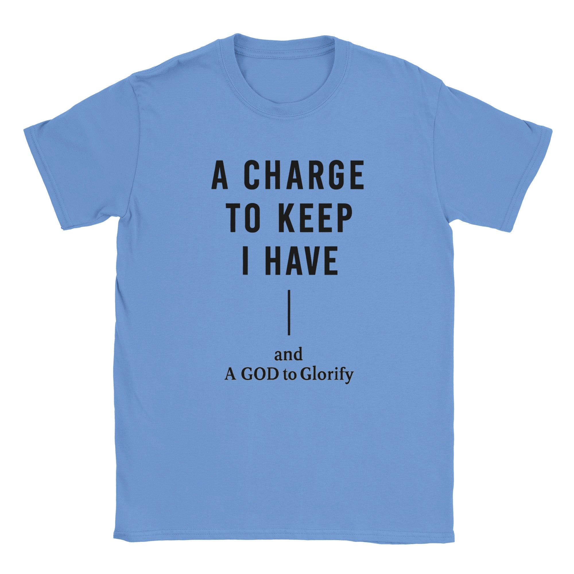 Blue t-shirt with black text on a white background