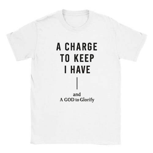 White t-shirt with black text on a white background