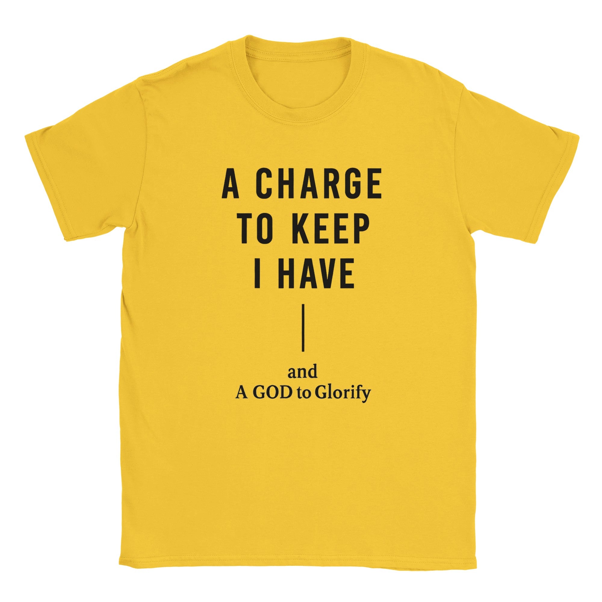 Yellow t-shirt with black text on a white background