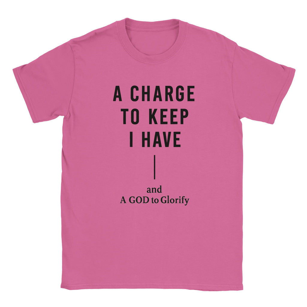 Pink t-shirt with black text on a white background