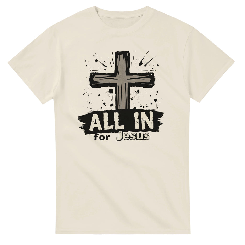 Beige t-shirt with a black cross and 'All In for Jesus' text on a white background