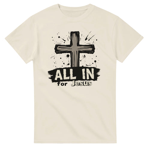 Beige t-shirt with a black cross and 'All In for Jesus' text on a white background