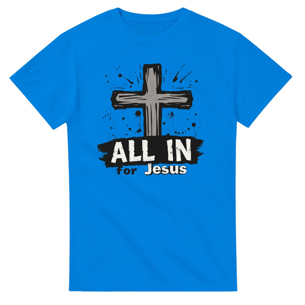 Blue t-shirt with a cross and 'All In for Jesus' text on a white background