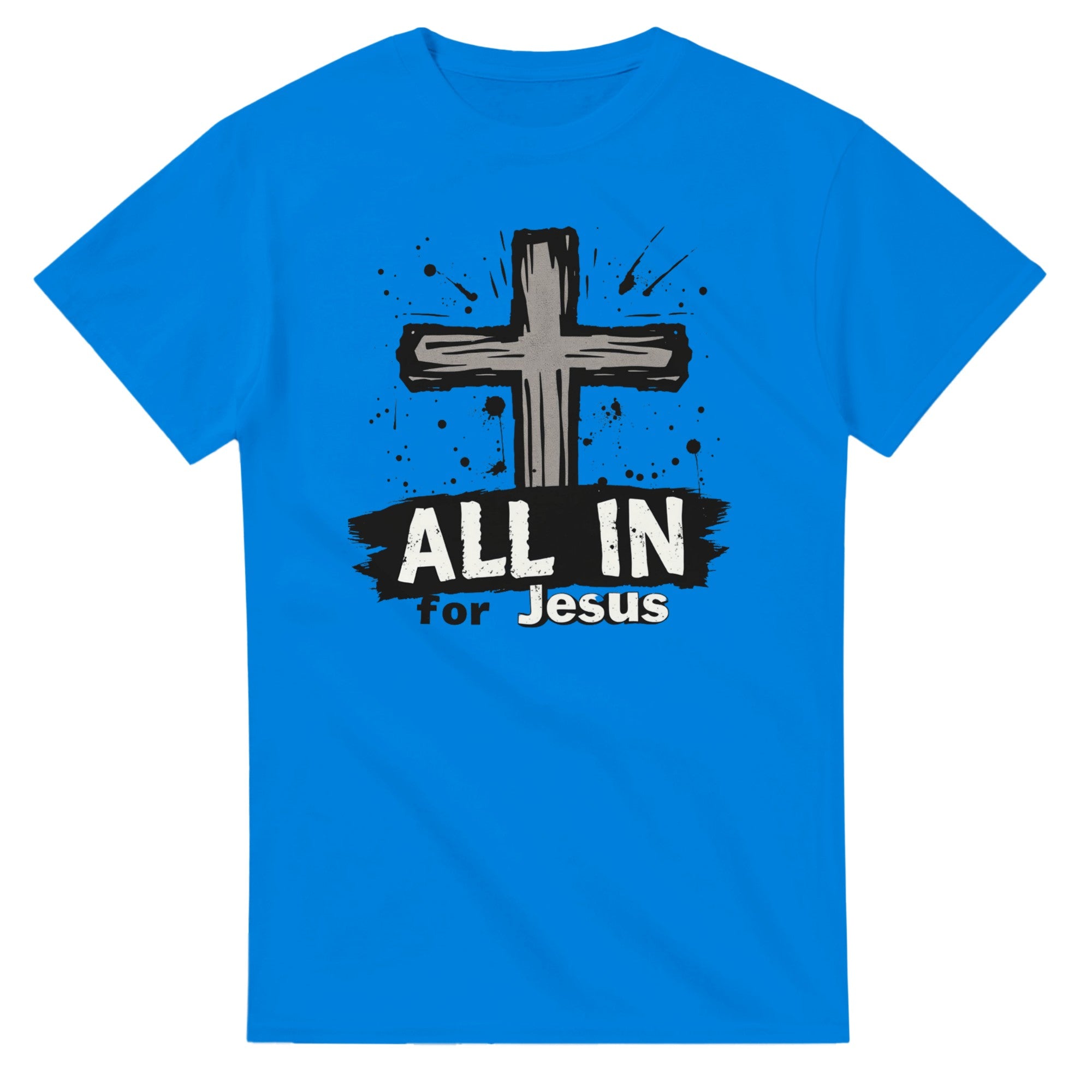 Blue t-shirt with a cross and 'All In for Jesus' text on a white background