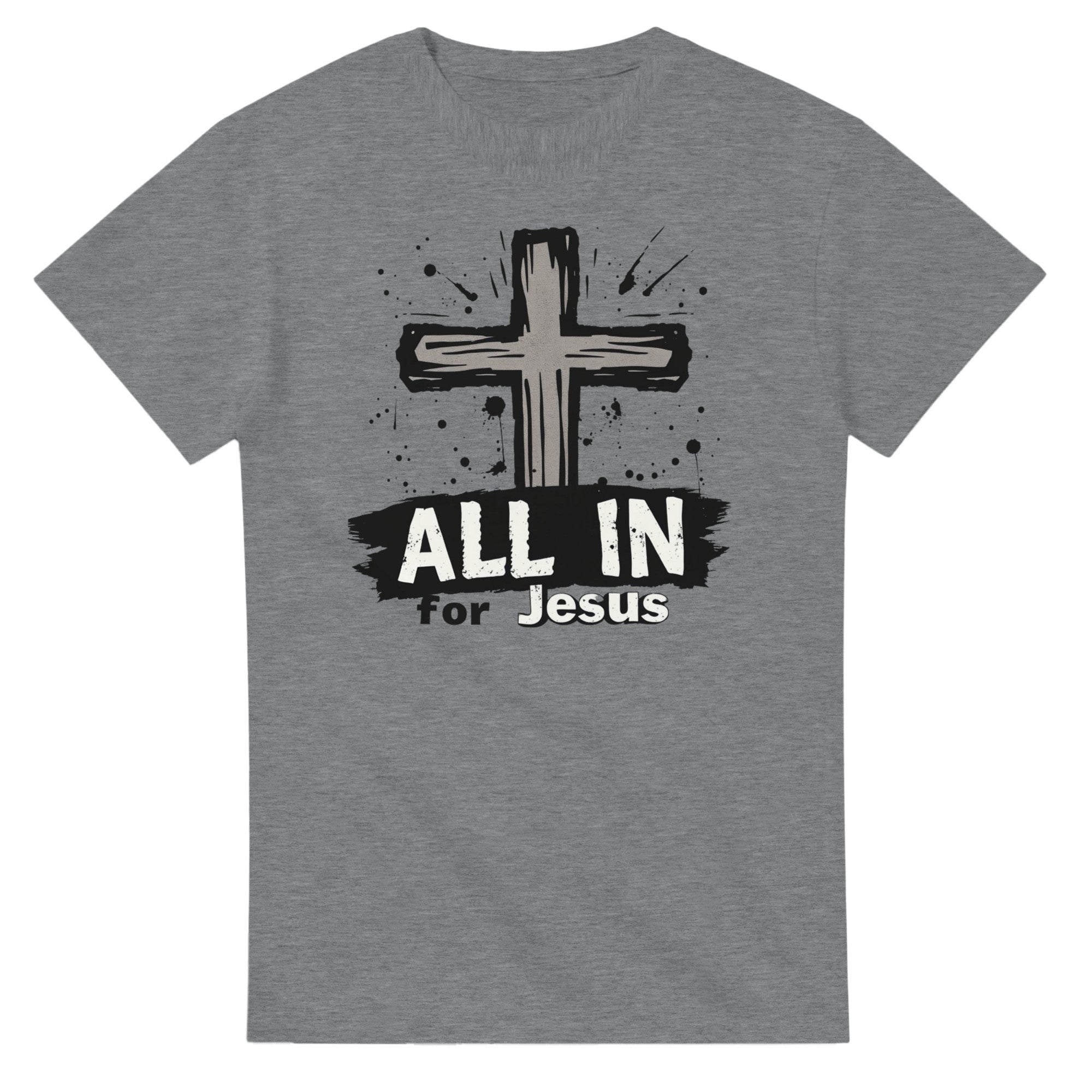 Gray t-shirt with a cross and 'All In for Jesus' text on a white background