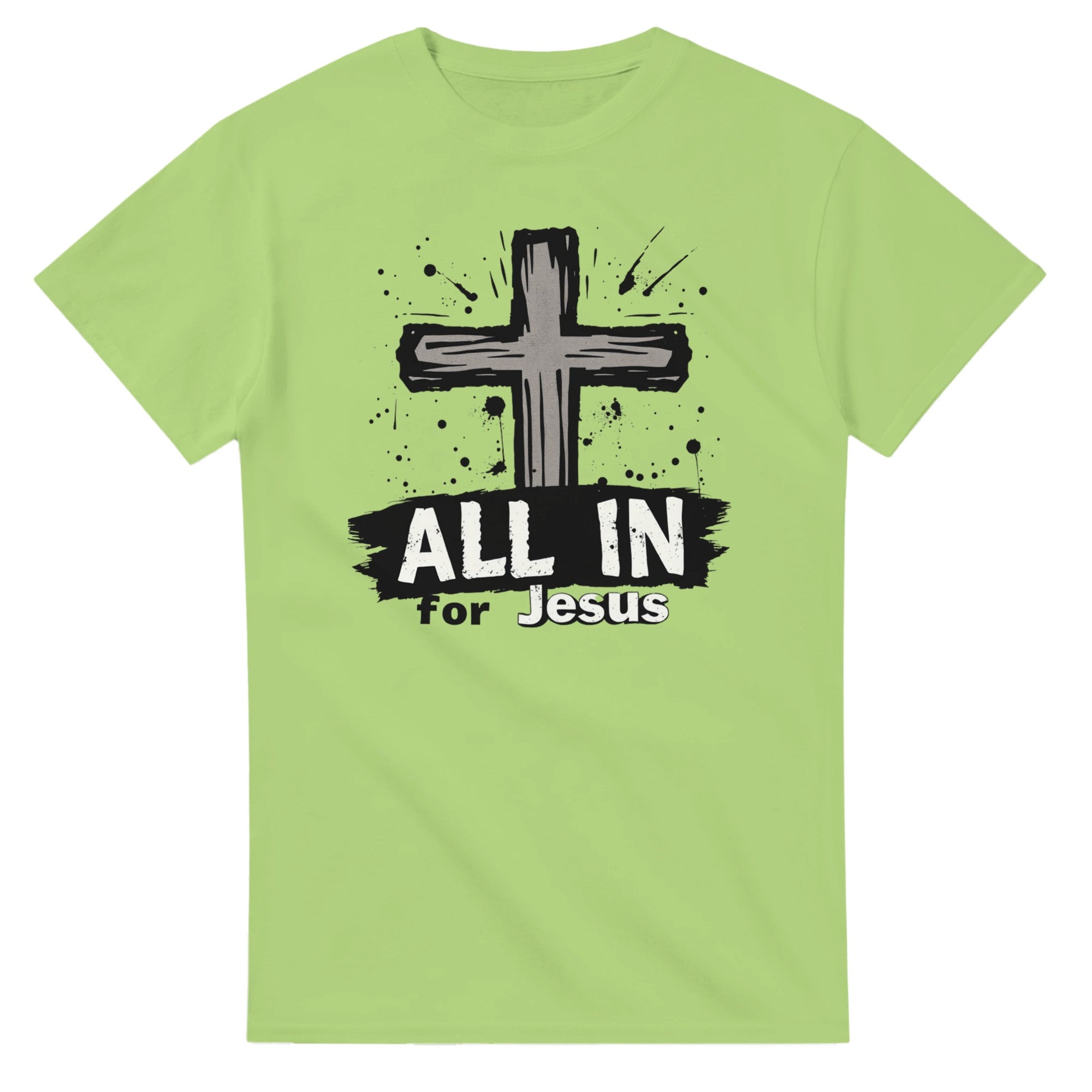 Light green t-shirt with a black cross and 'All In for Jesus' text on a white background