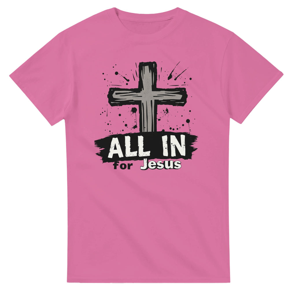Pink t-shirt with a black cross and 'All In for Jesus' text on a white background