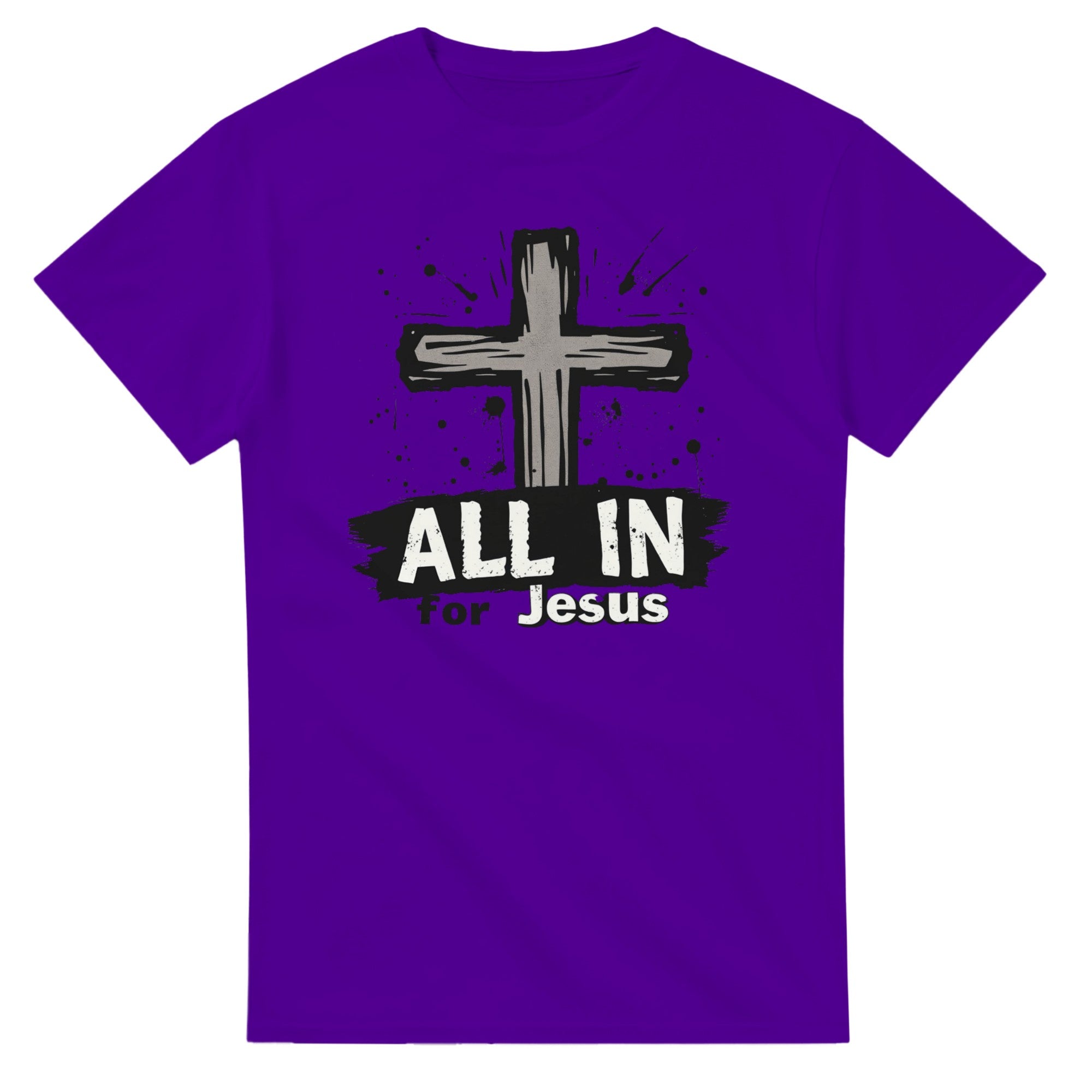 Purple t-shirt with a cross and 'All In for Jesus' text on a white background