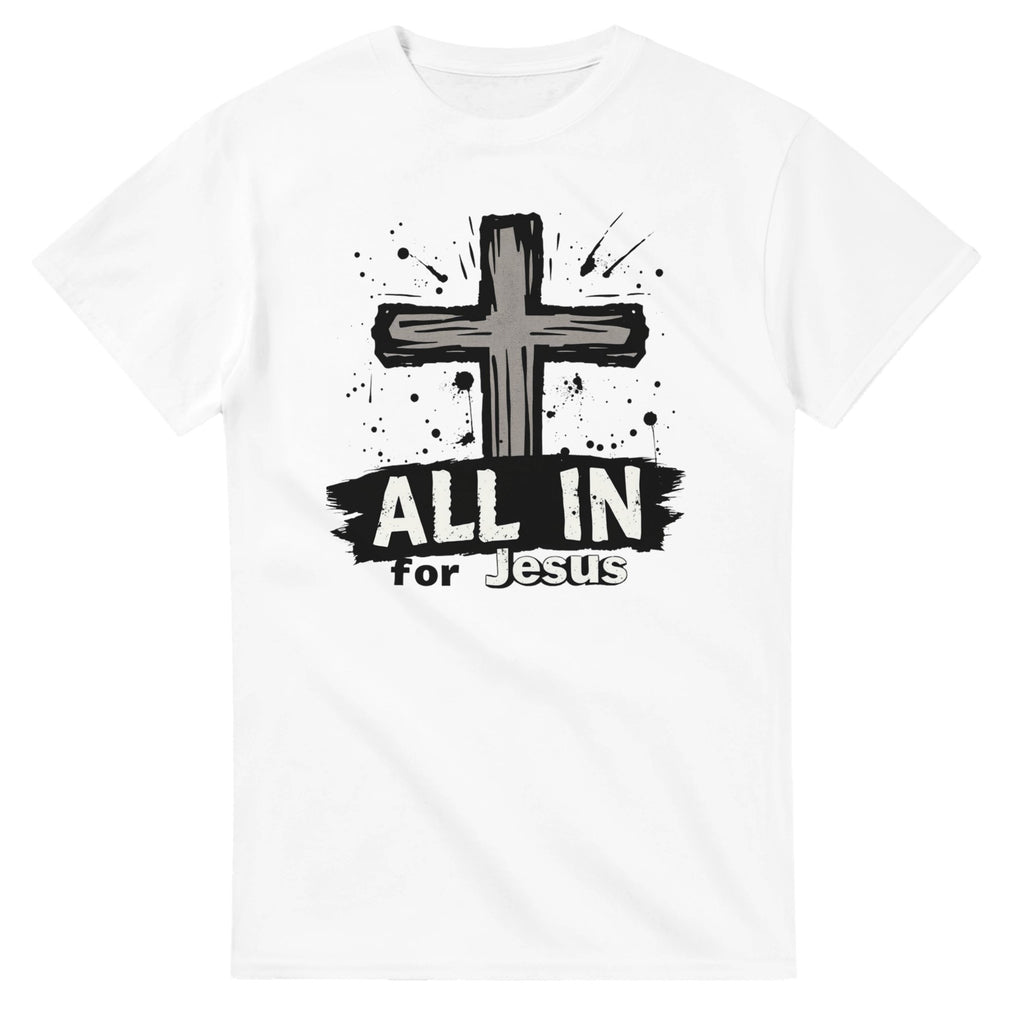 White t-shirt with a black cross and 'All In for Jesus' text on a white background