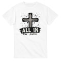 White t-shirt with a black cross and 'All In for Jesus' text on a white background