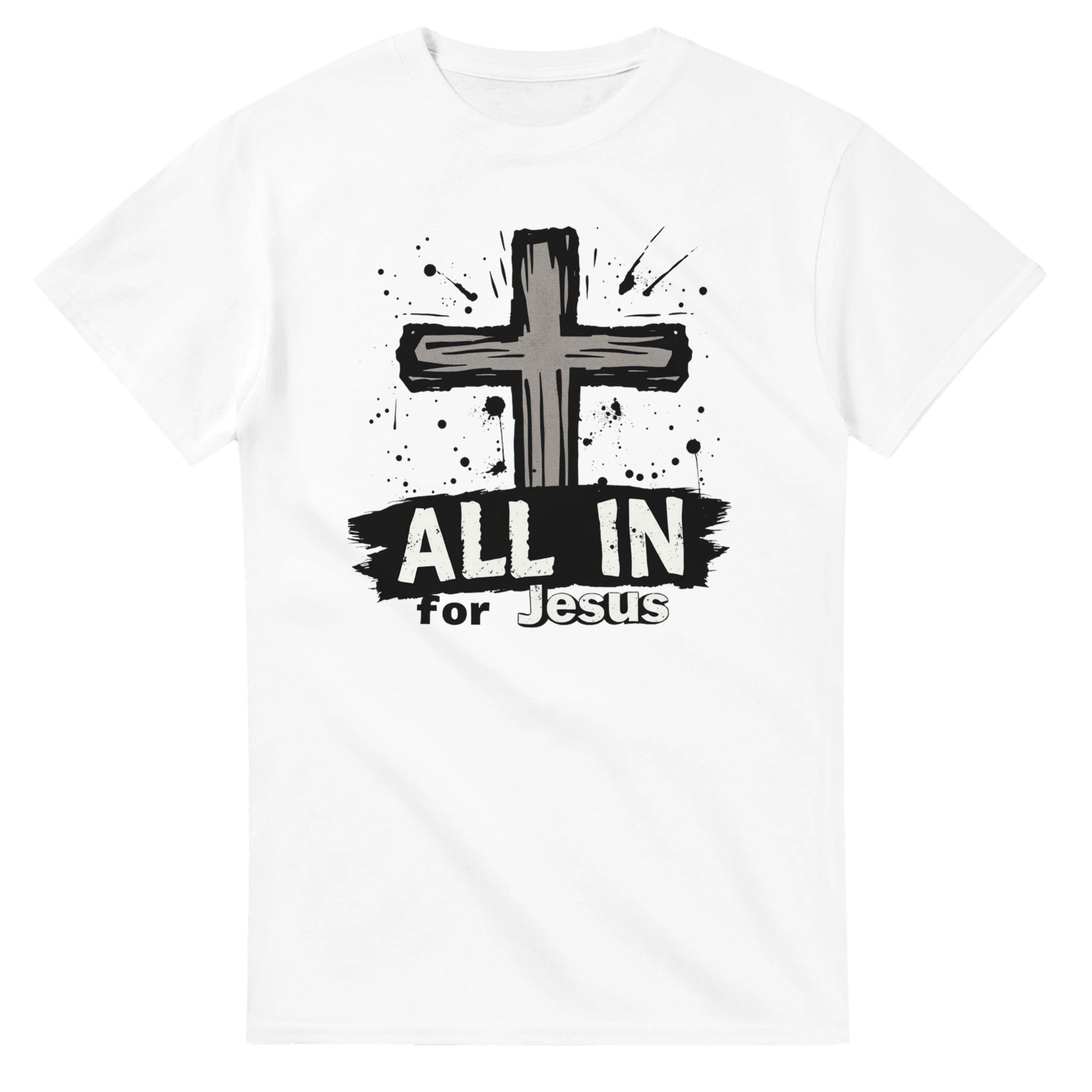 White t-shirt with a black cross and 'All In for Jesus' text on a white background