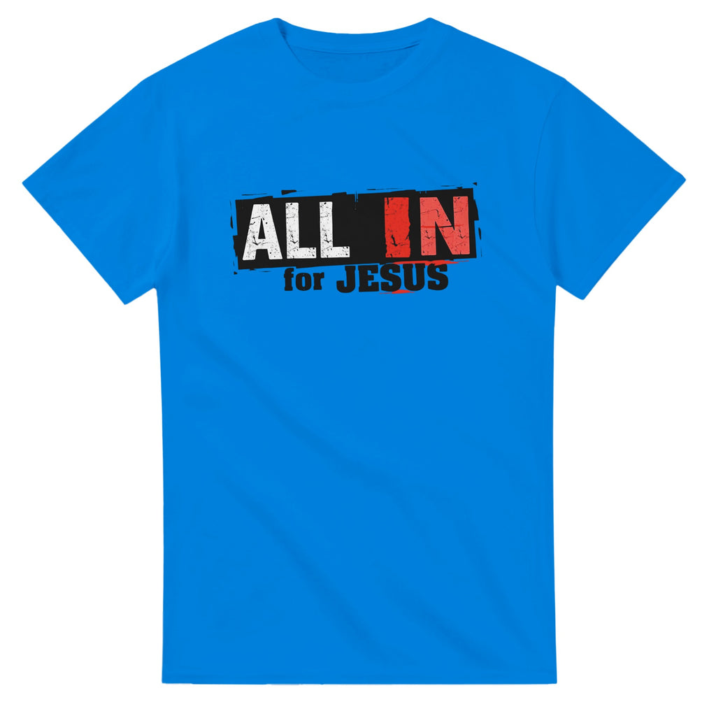Blue t-shirt with 'All In for Jesus' text on a white background