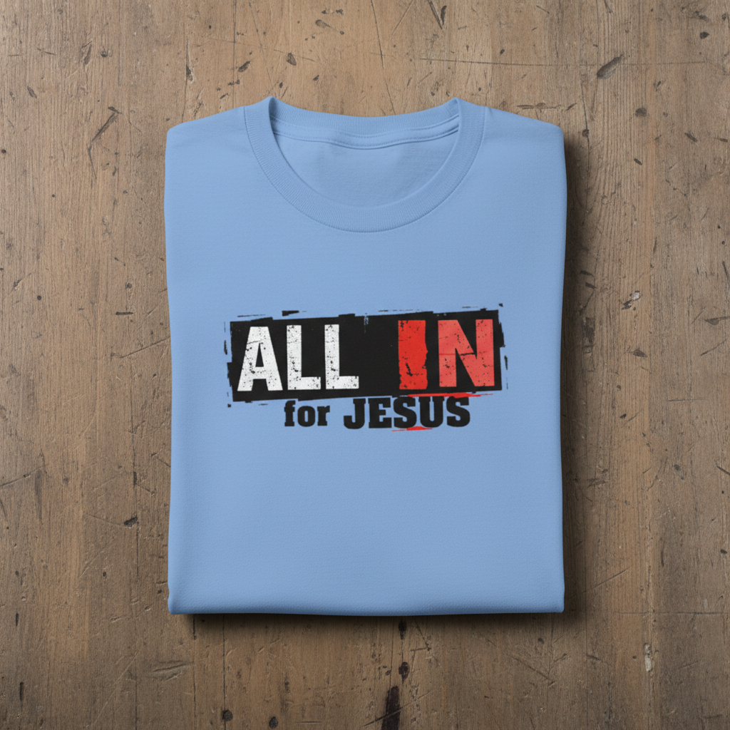 Folded blue t-shirt with 'All In for Jesus' text on a wooden surface