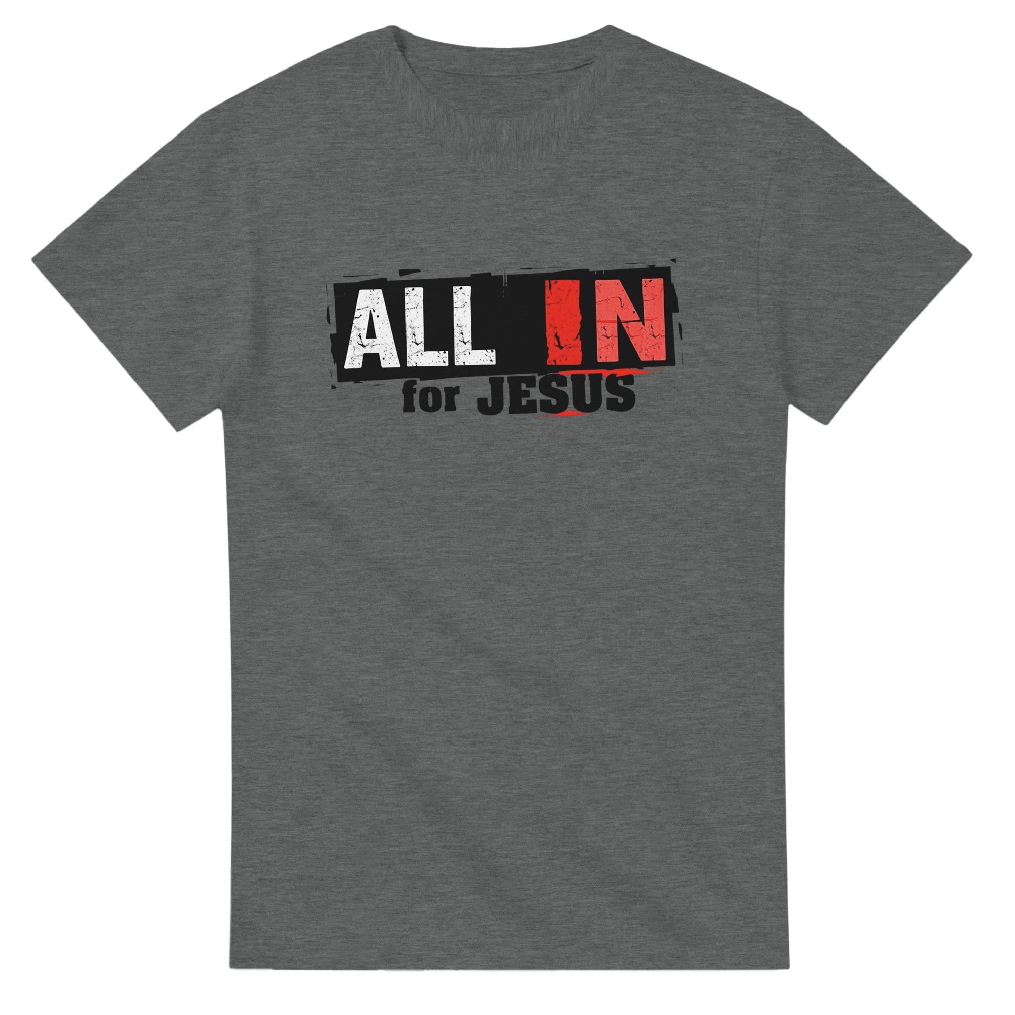 Gray t-shirt with 'All In for Jesus' text design on a white background