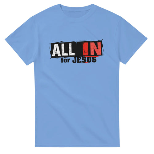 Light blue t-shirt with 'All In for Jesus' text design on a white background