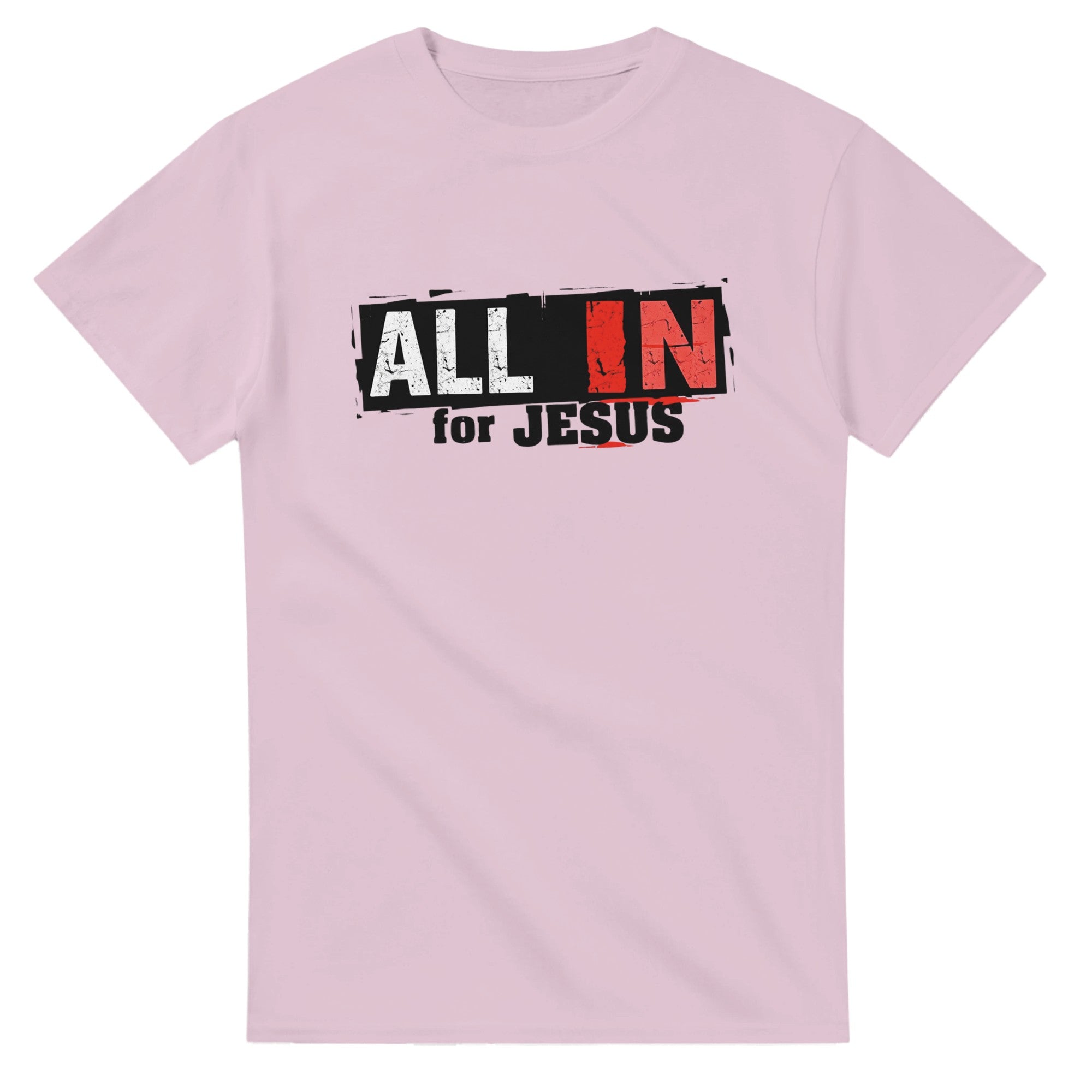 Pink t-shirt with 'All In for Jesus' text on a white background