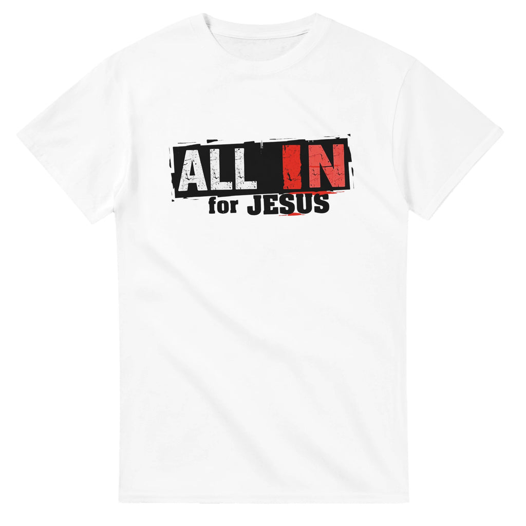 White t-shirt with 'All In for Jesus' text design on a white background
