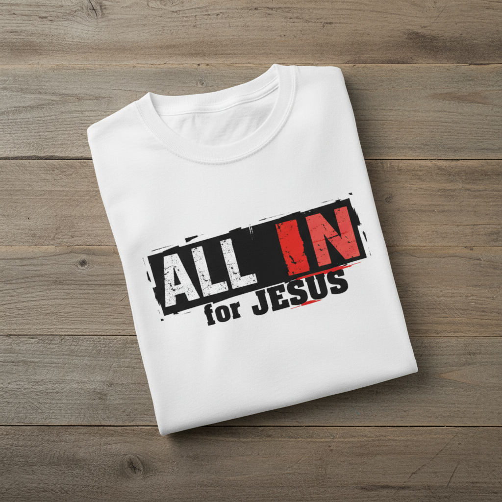 White t-shirt with 'All In for Jesus' text on a wooden surface