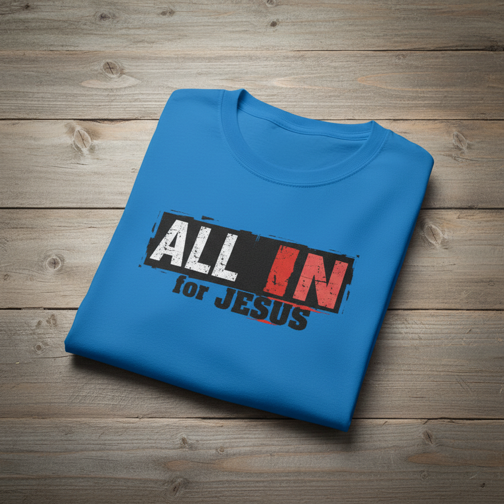 Folded blue t-shirt with 'All In for Jesus' text on a wooden surface