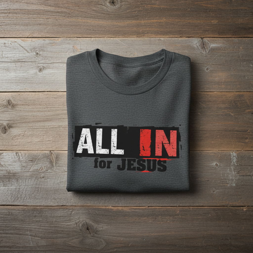 Folded gray sweatshirt with 'ALL IN for JESUS' text on a wooden surface