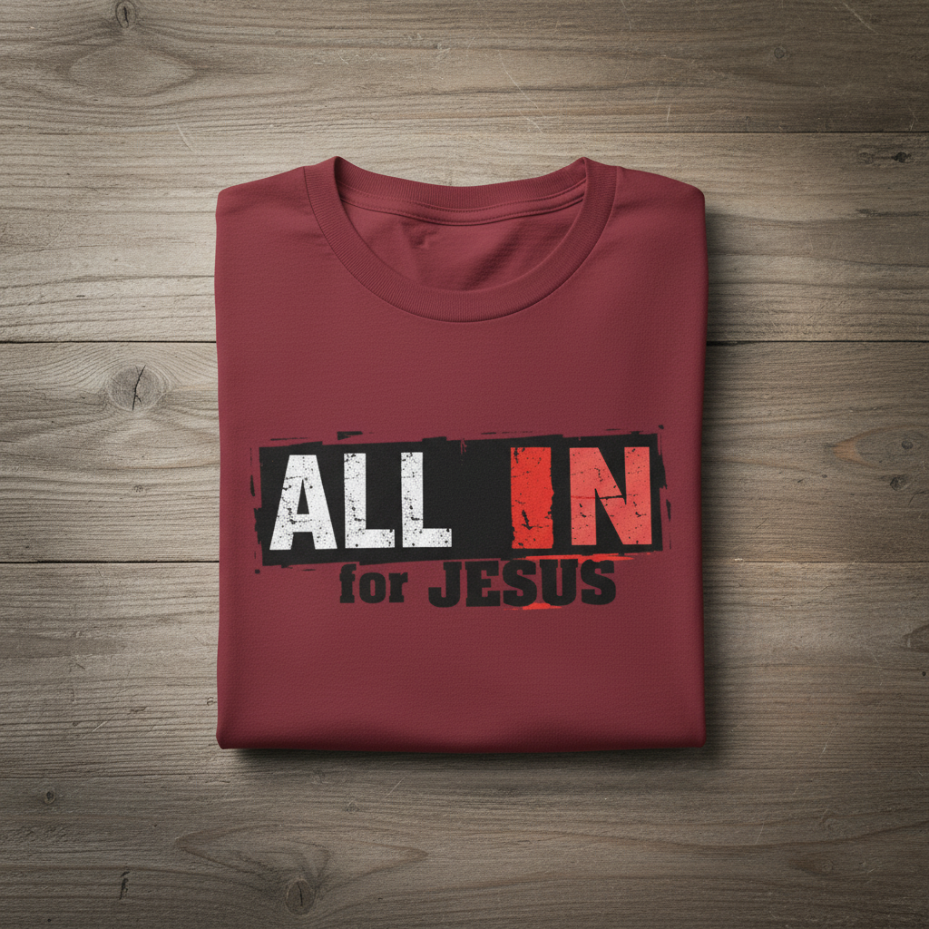 Folded maroon shirt with 'All In for Jesus' text on a wooden surface