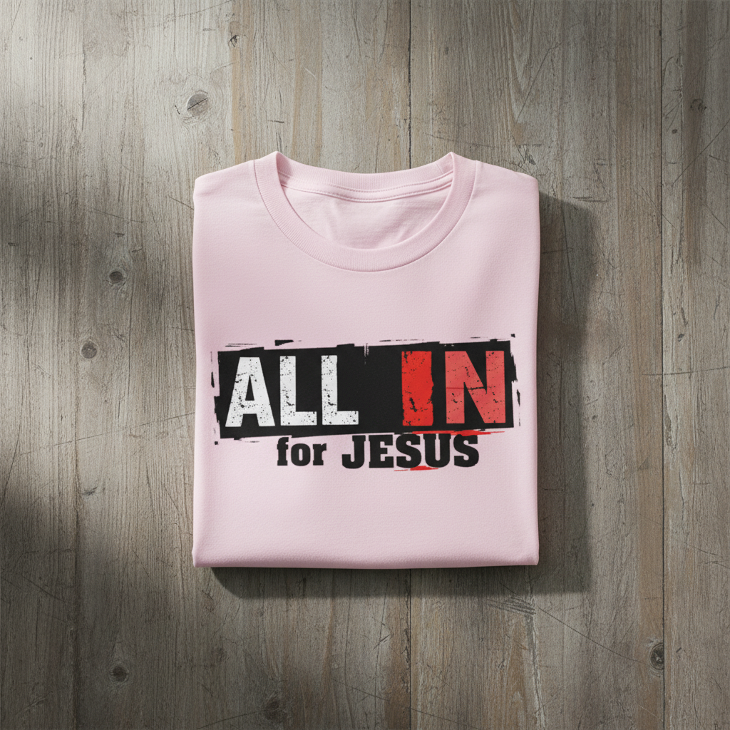 Folded pink t-shirt with 'All In for Jesus' text on a wooden surface