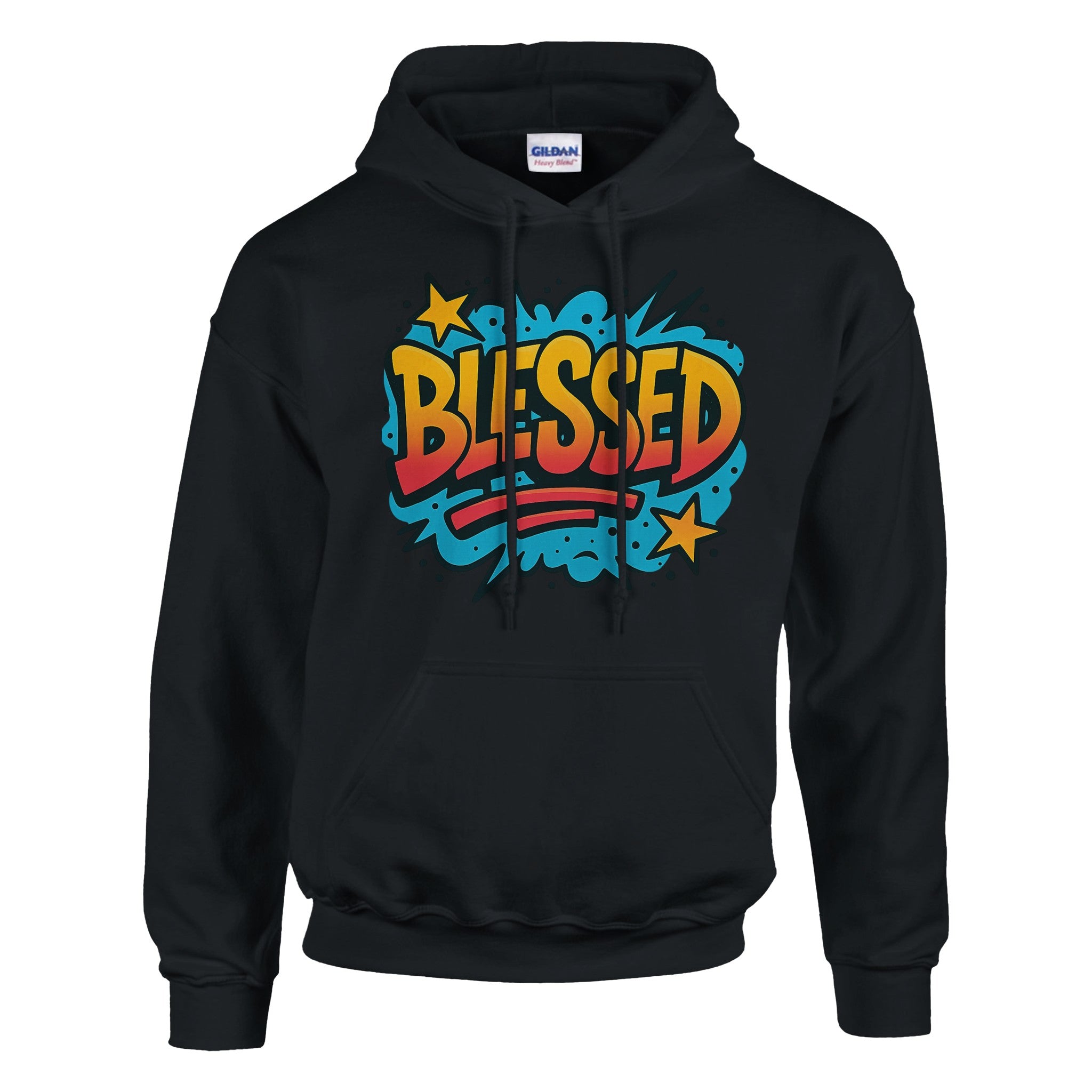 Black hoodie with colorful 'BLESSED' text design on a white background