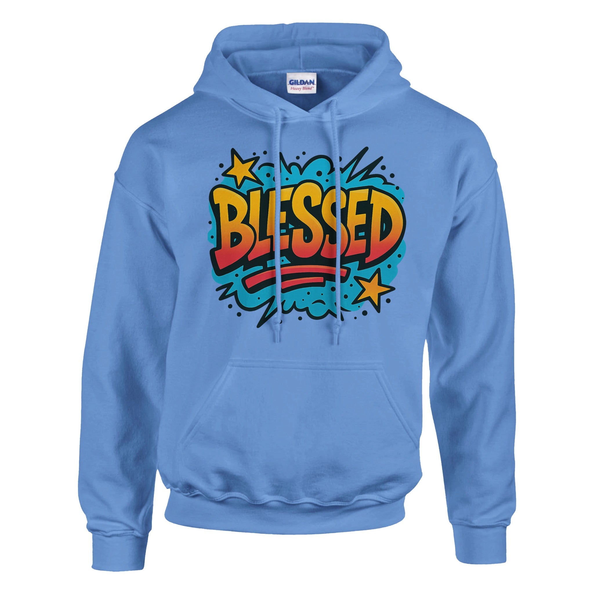 Blue hoodie with 'BLESSED' graphic design on a white background