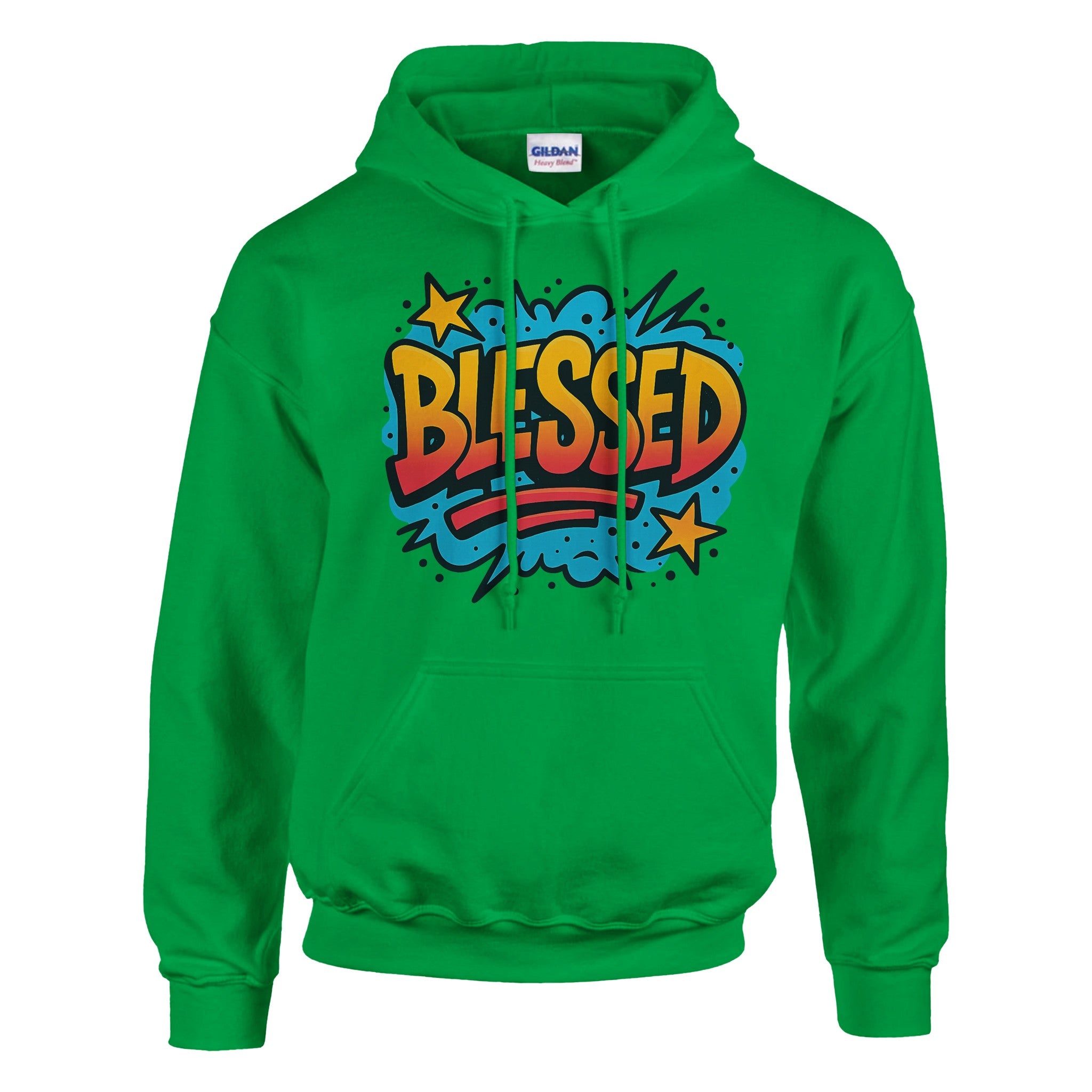 Green hoodie with 'BLESSED' graphic design on a white background