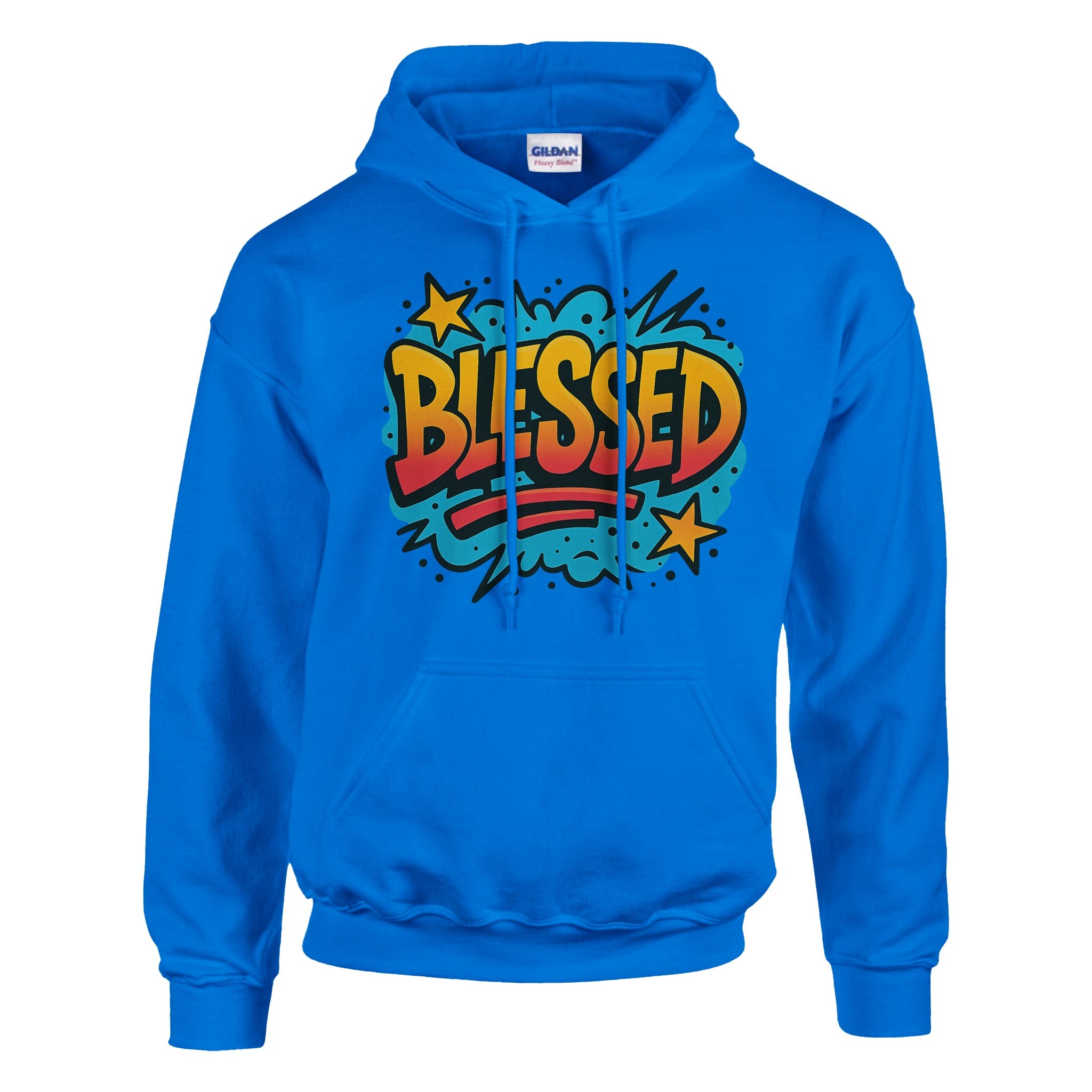 Blue hoodie with colorful 'BLESSED' text design on a white background