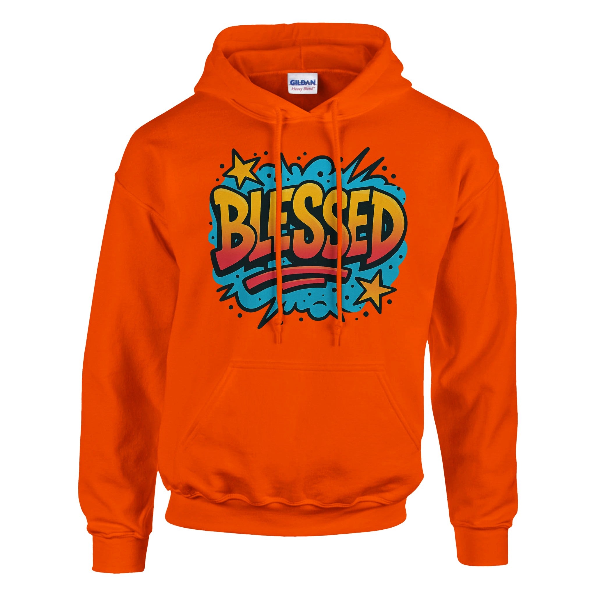 Orange hoodie with 'BLESSED' graphic design on a white background
