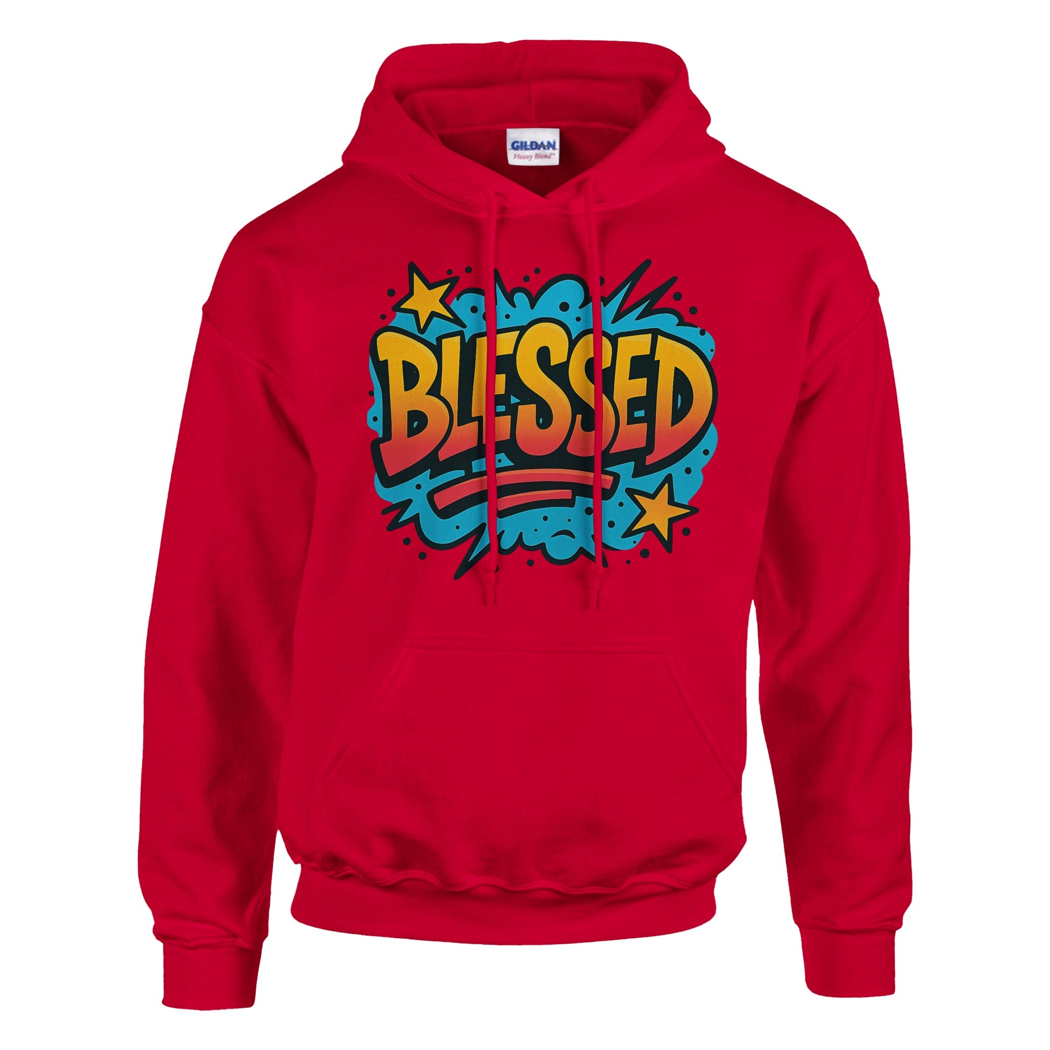 Red hoodie with 'BLESSED' graphic design on a white background