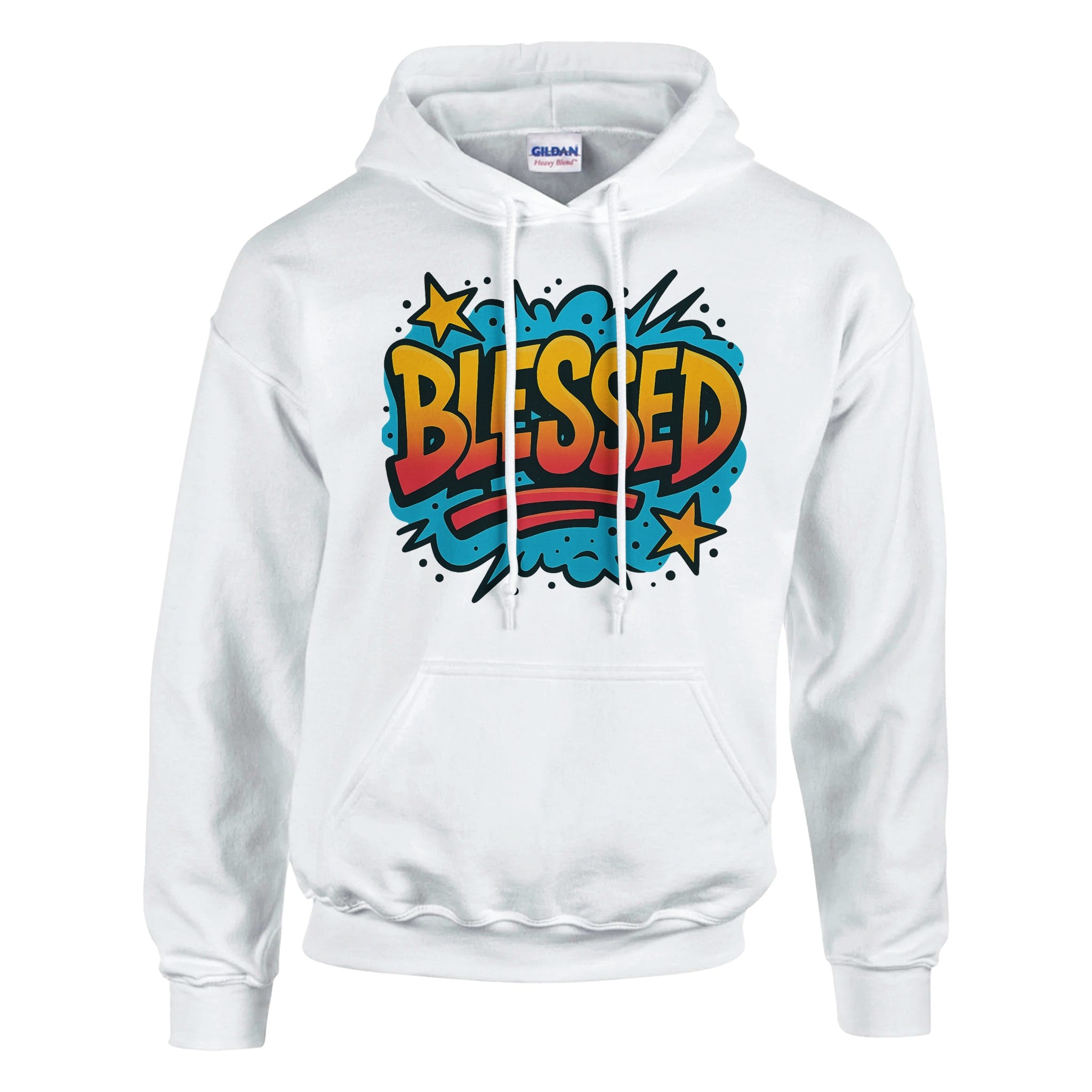 White hoodie with colorful 'BLESSED' graphic on a white background