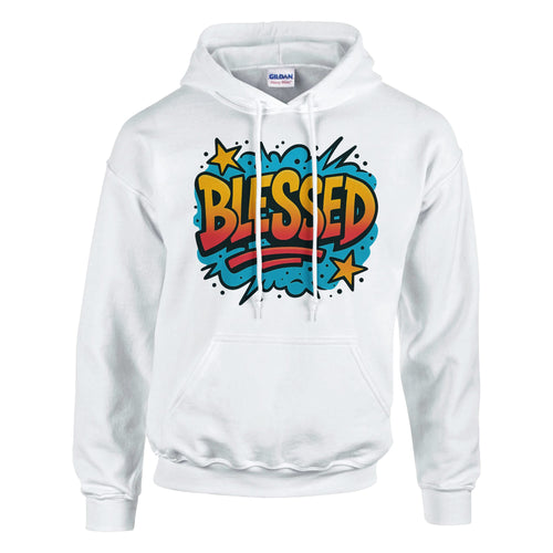 White hoodie with colorful 'BLESSED' graphic on a white background