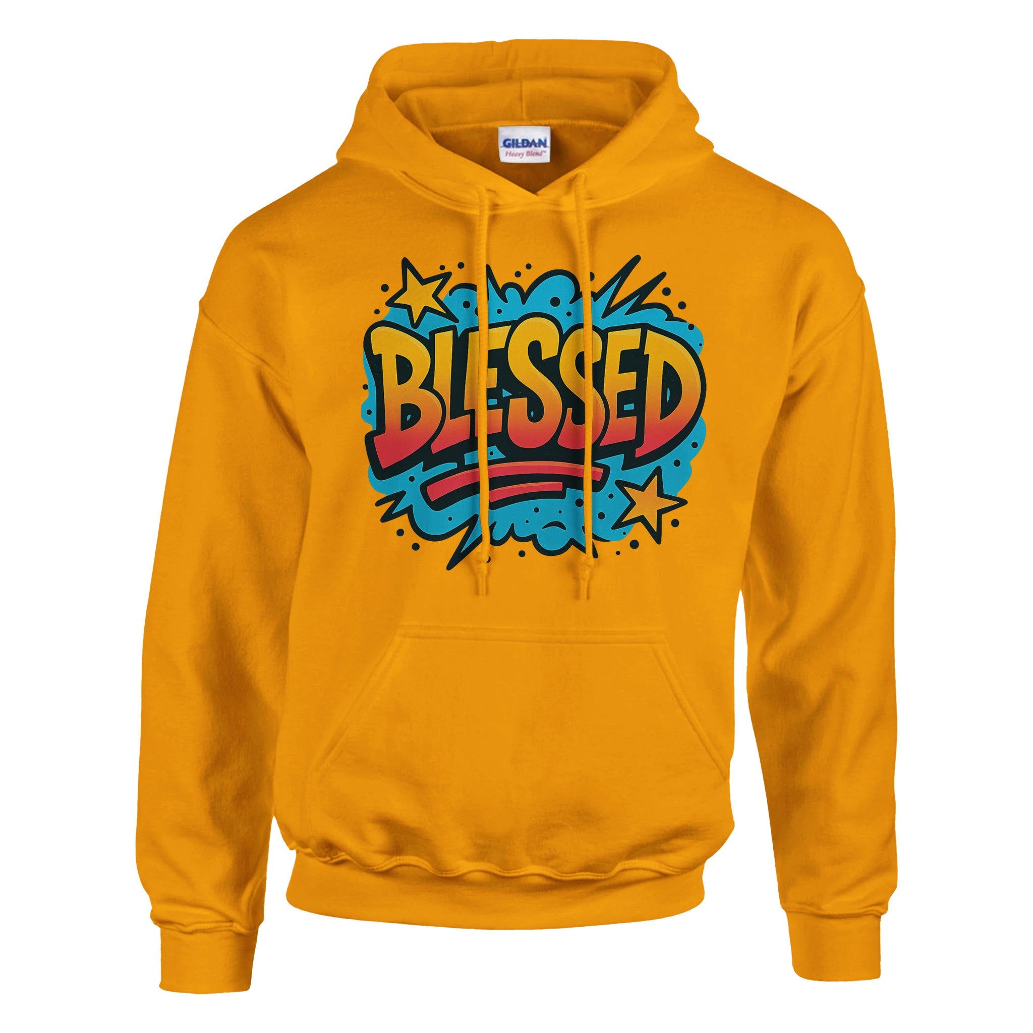 Yellow hoodie with 'BLESSED' graphic design on a white background