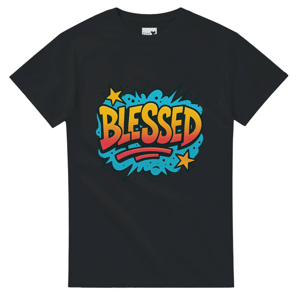 Black t-shirt with 'BLESSED' graphic design on a white background