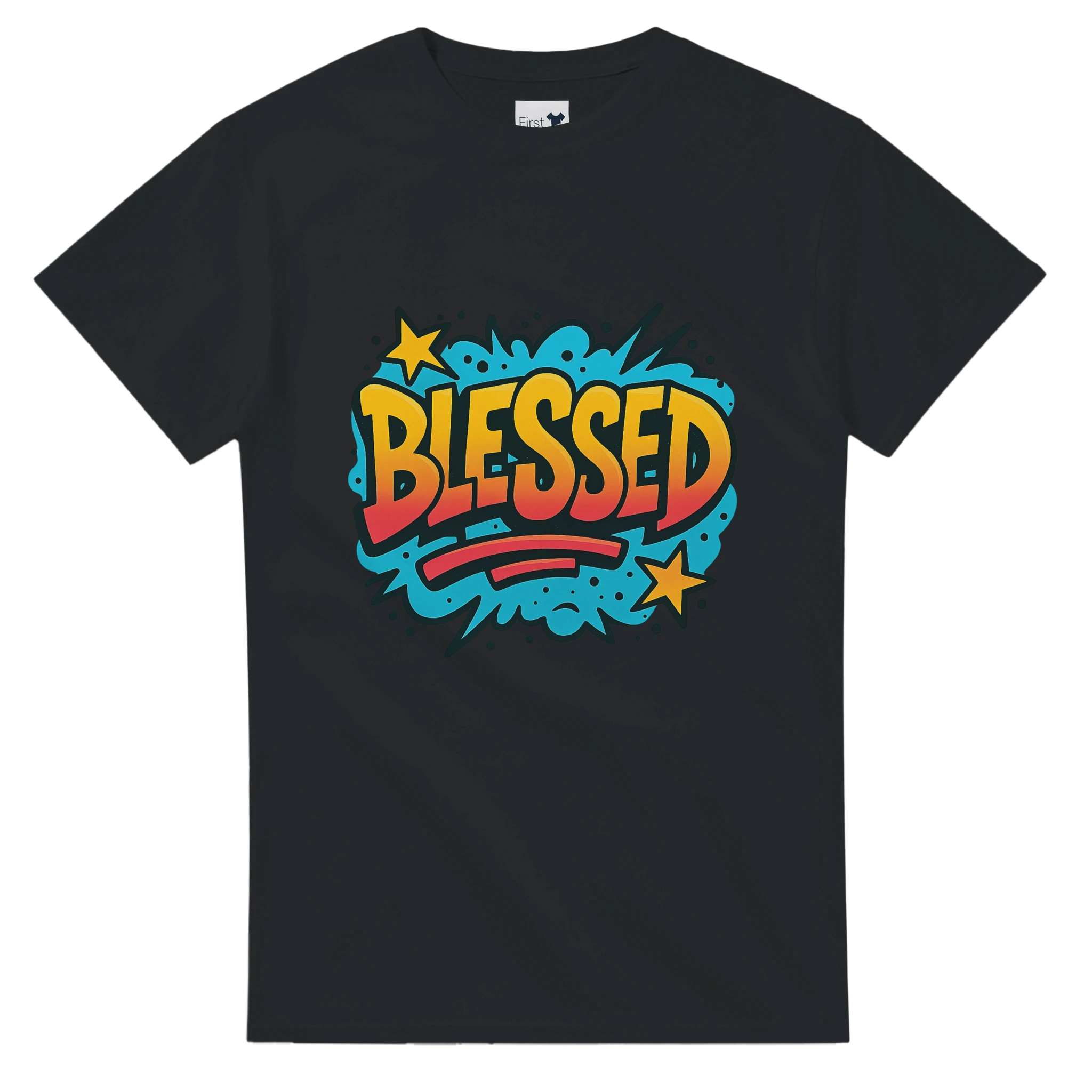 Black t-shirt with 'BLESSED' graphic design on a white background